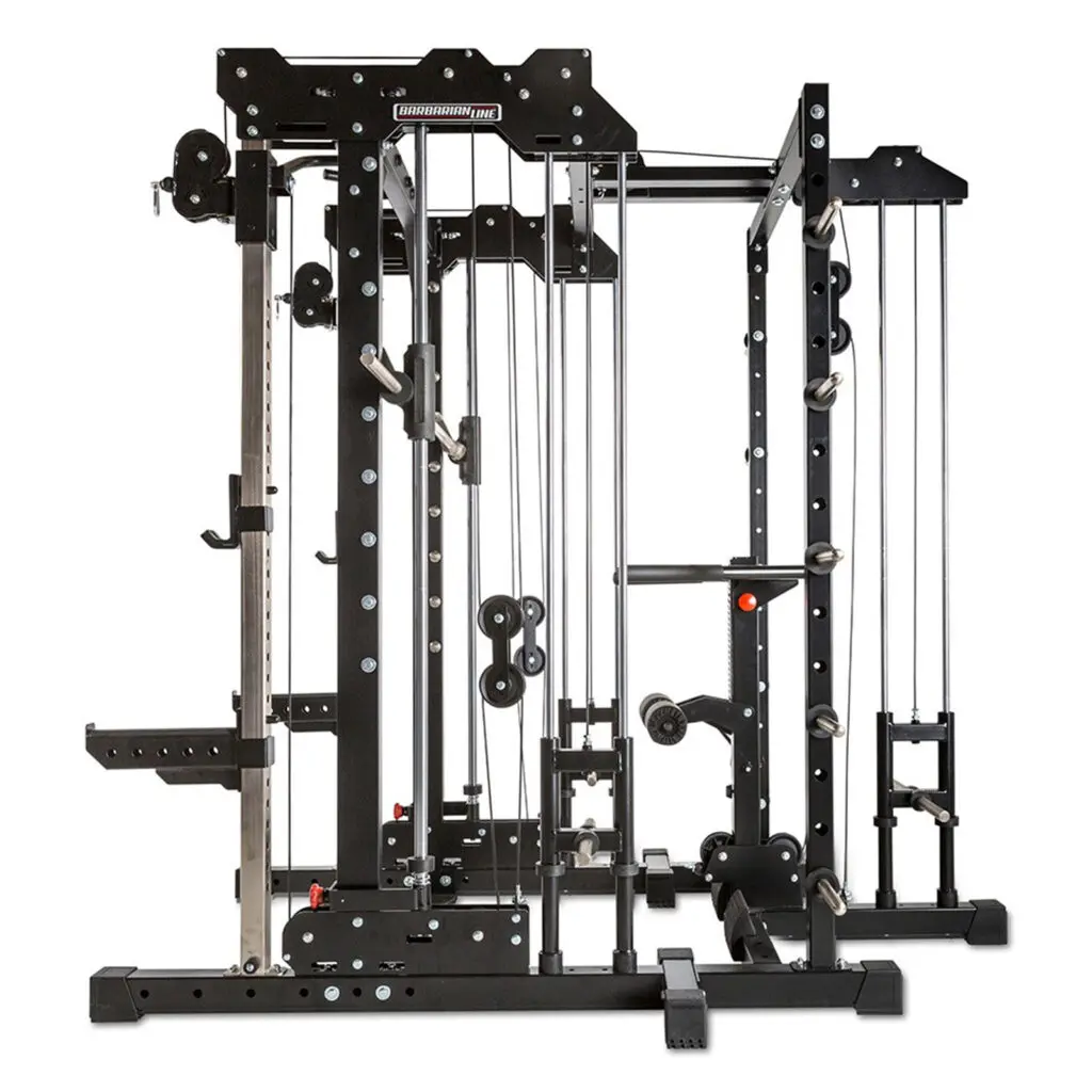 A multi-functional home gym machine with black metal frames, pulleys, weight stacks, and various attachments. It includes a power rack, cable system, and adjustable seats designed for strength training and full-body workouts.