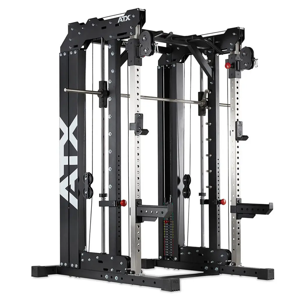 A black modular gym machine with various attachments and adjustable settings. It includes a pull-up bar, weight stacks, and pulleys, designed for multiple exercises. ATX is printed on the side.