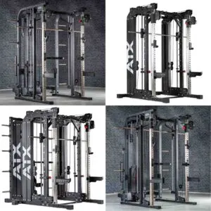 Four images of a multi-functional gym machine in a gray room. The equipment features pull-up bars, cable pulleys, and adjustable weights, suitable for various strength training exercises.