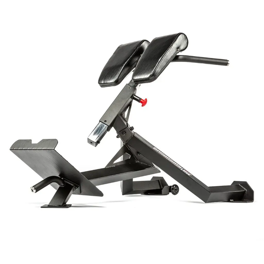 A black, adjustable Roman chair exercise bench, perfect for a multi-station home gym, features padded supports and footrests. Ideal for back extensions and core workouts, this essential piece of home gym exercise equipment is set against a plain white background.