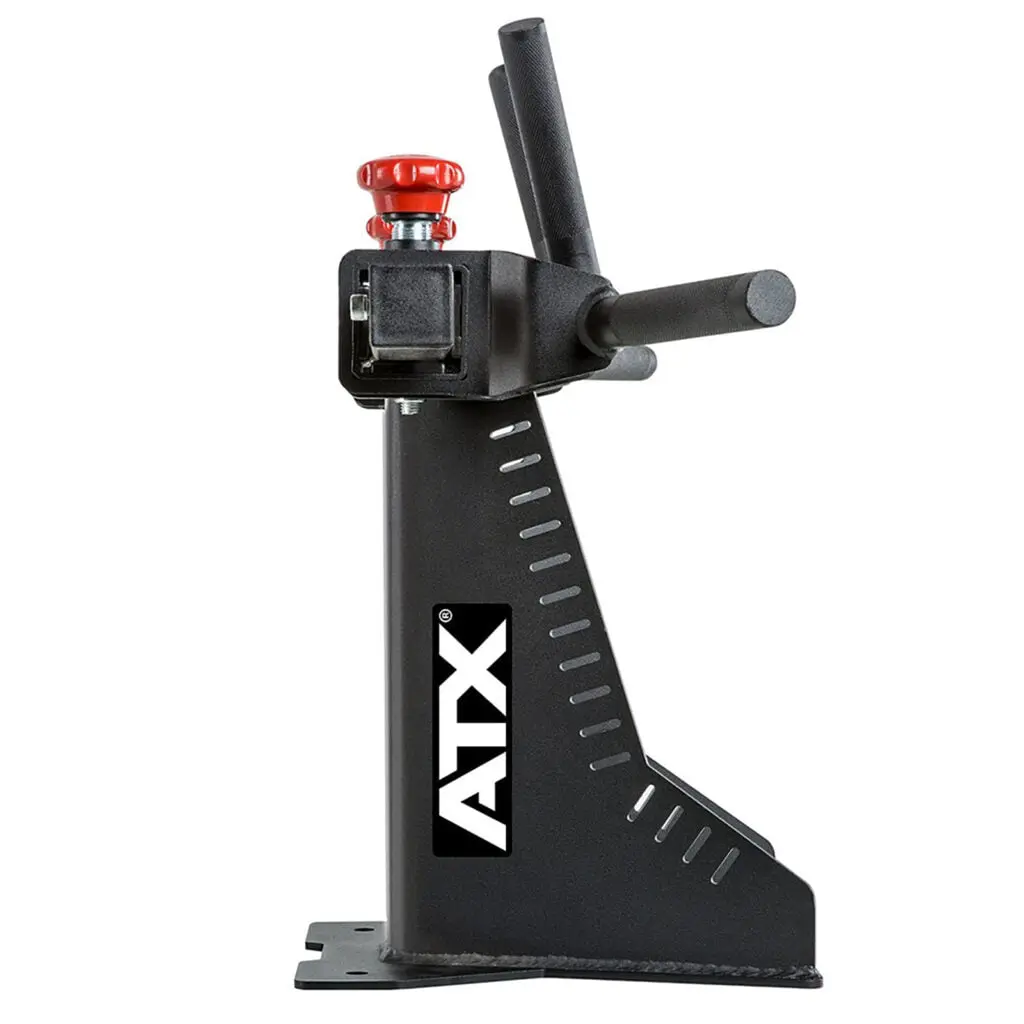 A black metal device with a handle and adjustable features, used for gym or fitness equipment, displaying the brand logo ATX in white on its side. It has a red adjustment knob on top.