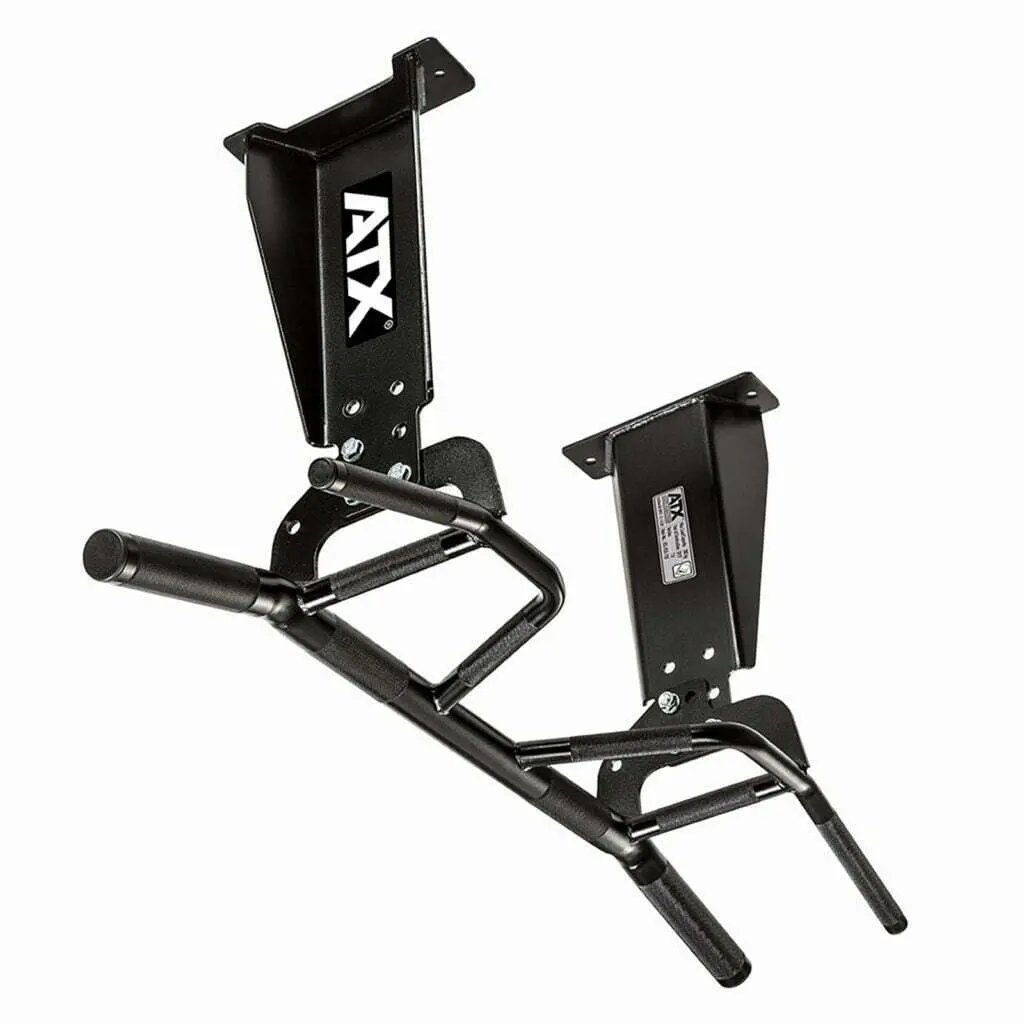 A black metal pull-up bar with multiple grip positions, designed to be mounted on a ceiling. The ATX logo is visible on one of the brackets.
