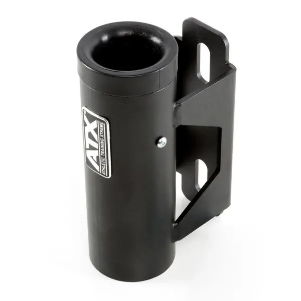 The ATX® Barbell Storage is a black metal wall-mounted rack with a cylindrical holder, a secure bracket, and the ATX logo sticker on the front.