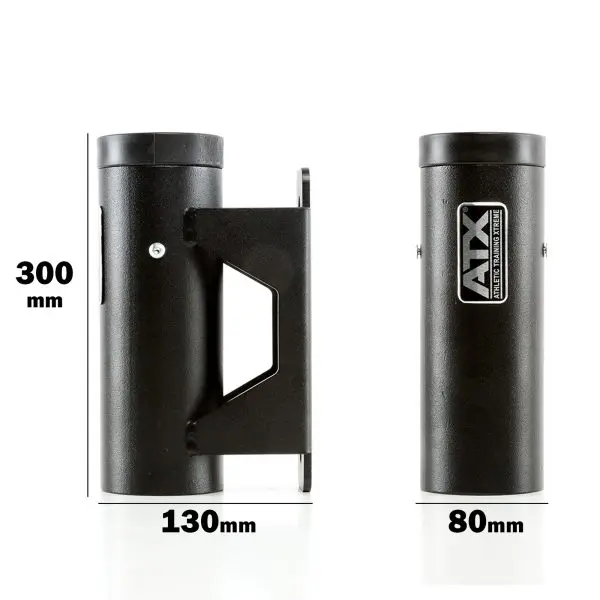 Two upright black cylindrical metal posts appear. The left post, bracket-mounted, measures 300mm high and 130mm wide. The right post is labeled as ATX® Barbell Storage with dimensions of 300mm in height and 80mm in width.