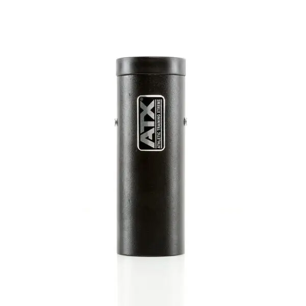 A black, cylindrical ATX® Barbell Storage accessory stands upright against a white background, featuring a sleek design and centered logo.