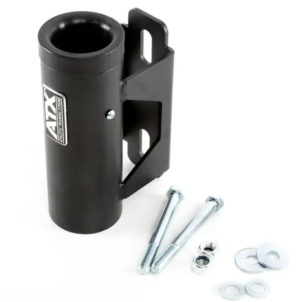 A black ATX® Barbell Storage unit with mounting brackets, bolts, nuts, and washers arranged beside it on a white background.
