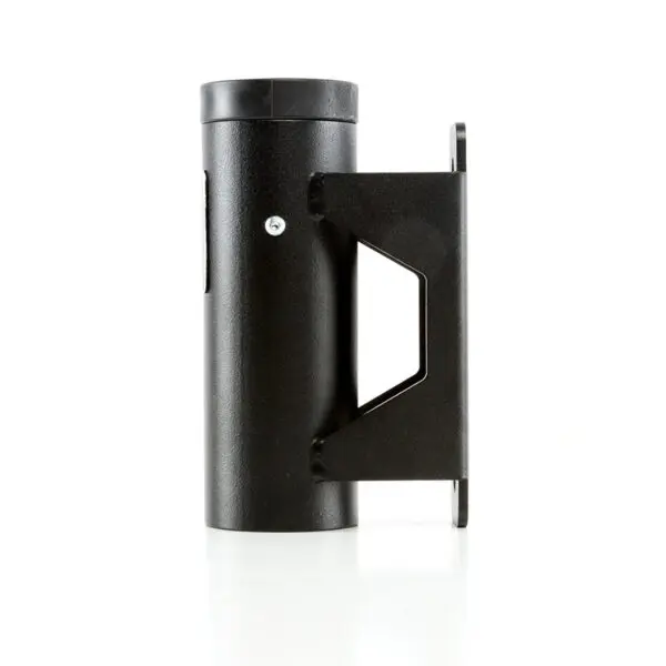 The ATX® Barbell Storage, a black cylindrical wall mount bracket with a side handle for secure attachment, is shown against a plain white background.