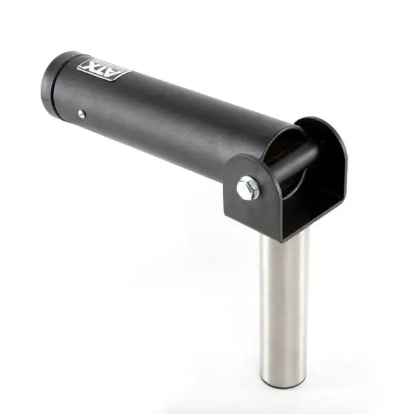 The ATX® Post Landmine is a black and silver metal rod holder with a cylindrical design, base mounting bracket, and a logo akin to landmine gym equipment labels. Ideal for boats or fishing setups.