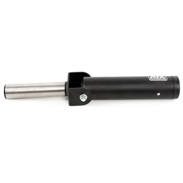 The ATX® Post Landmine is a black and silver metal cylinder with a mounting bracket and bolt, designed to secure to a barbell. This essential gym accessory enhances workouts with rotational movement for weightlifting exercises.