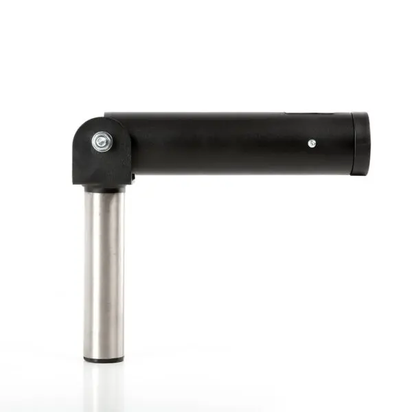 The ATX® Post Landmine is a black and silver cylindrical mechanical component resembling a gym hinge, featuring visible bolts at the connection. It has a sleek, industrial design set against a plain white background.