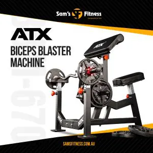 A black and silver ATX® Bicep Blaster Preacher Curl with weights is shown on a white background, featuring Sams Fitness branding and the website samsfitness.com.au.