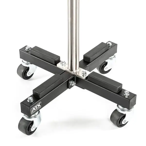 The ATX® Rolling Bumper Stacker is a metal stand with a central pole, cross-shaped base, reinforced corners, four caster wheels for easy mobility, and features a prominent logo on one side.
