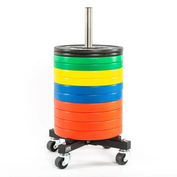 The ATX® Rolling Bumper Stacker holds a stack of colorful weight plates—black, green, yellow, blue, and red—in vertical color order on a wheeled rack against a white background.