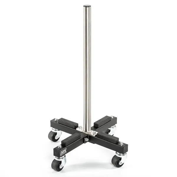 The ATX® Rolling Bumper Stacker features a metal pole on a black, cross-shaped base with four caster wheels and adjustable supports for holding various equipment or tools.