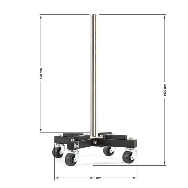 The ATX® Rolling Bumper Stacker features a metal stand with a vertical pole, 500 mm pole height, and 1000 mm overall height. Its wheeled rectangular base is 610 mm wide, equipped with four swivel casters for easy mobility.