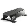The ATX® Calf Block is a black, steel workout step featuring a non-slip surface and side logo, ideal for fitness exercises. This sturdy rectangular platform doubles as a calf block with a strong base and protective corner caps.