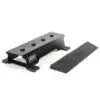 The ATX® Calf Block is a sleek black metal stand designed for horizontal mounting. It features a rectangular acrylic side panel with fine grooves and the ATX logo, offering multiple mounting points, all elegantly displayed on a white background.