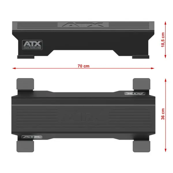 Image showing two black ATX® Calf Block pads, perfect for enhancing your workout space. The longer pad measures 70 cm in width, ideal for calf exercises. The shorter pad is 18.5 cm high and 38 cm wide, placed side-by-side for easy comparison.