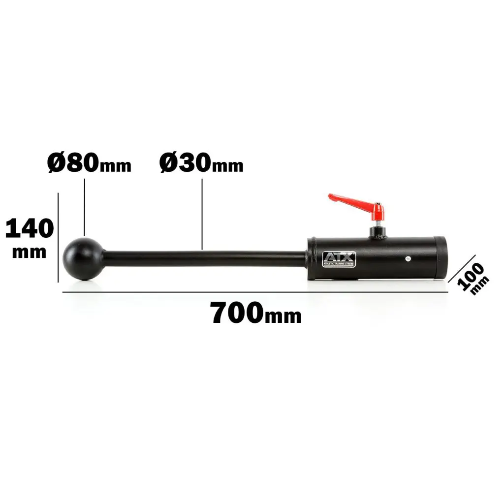 A sleek black metal lever resembling a club barbell attachment features a spherical handle. Measurements include a 700mm handle length, cylinder diameters of 30mm and 80mm, and a total height of 140mm. A striking red lever is attached to the cylinder, enhancing its functionality.