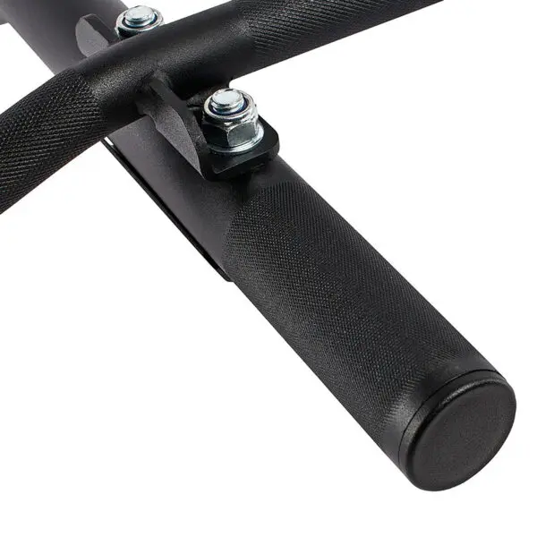 Close-up of the ATX® Chin Up Bar Wall Mounted with textured black metal grips and two shiny metallic bolts, showcasing a sleek, sturdy design ideal for fitness equipment or machinery.