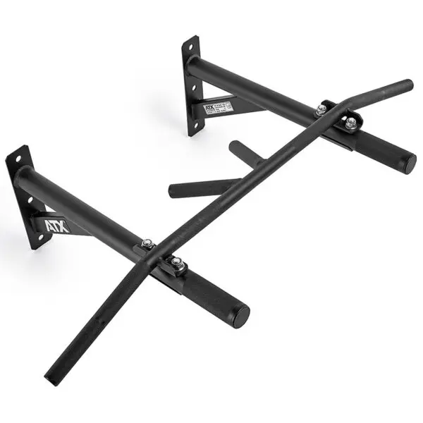The ATX® Chin Up Bar Wall Mounted is a black pull-up bar with multiple grip options, sturdy metal construction, angled handles, cushioned grips, and features the ATX brand label.