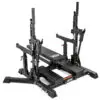 The ATX® Competition Combo Rack is a black bench press featuring adjustable barbell holders, spotter arms, multiple angle settings, and sturdy metal construction for weightlifting exercises.