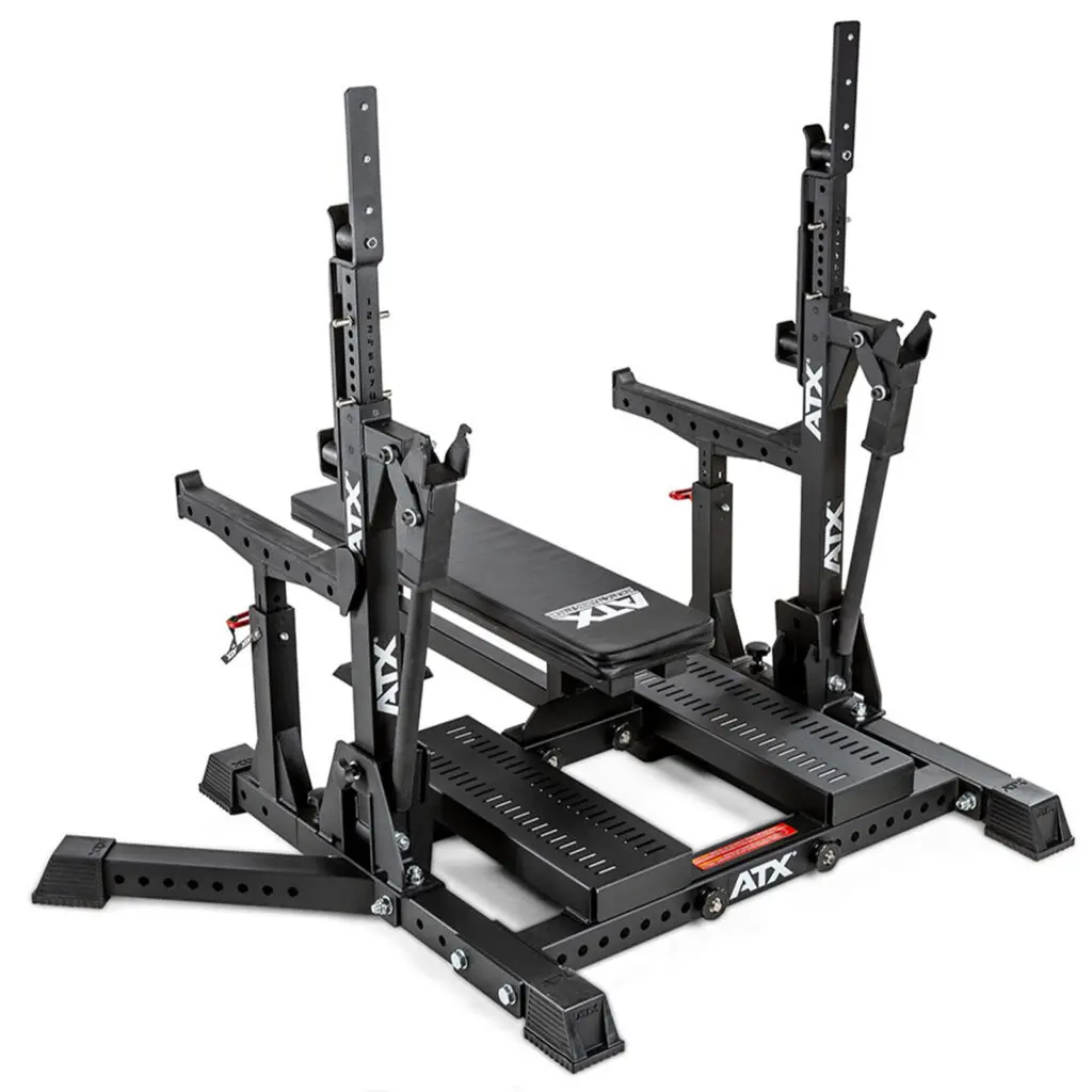 The ATX® Competition Combo Rack is a black bench press featuring adjustable barbell holders, spotter arms, multiple angle settings, and sturdy metal construction for weightlifting exercises.
