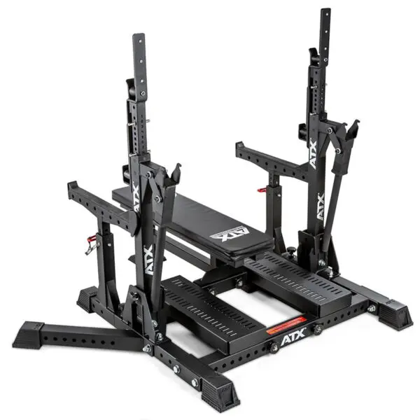 The ATX® Competition Combo Rack is a black bench press featuring adjustable barbell holders, spotter arms, multiple angle settings, and sturdy metal construction for weightlifting exercises.