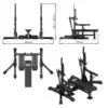 Illustration of the ATX® Competition Combo Rack: a multi-functional gym bench with adjustable racks. Displays various views and dimensions: 230 cm width, 178 cm depth, height adjustable from 142.5 to 200 cm, featuring the ATX logo.