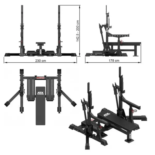 Illustration of the ATX® Competition Combo Rack: a multi-functional gym bench with adjustable racks. Displays various views and dimensions: 230 cm width, 178 cm depth, height adjustable from 142.5 to 200 cm, featuring the ATX logo.