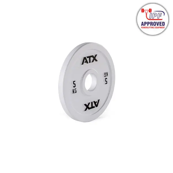 A white 5 kg circular ATX Olympic powerlifting weight plate featuring a logo and YPF Approved Powerlifting Equipment stamp in the top right corner.