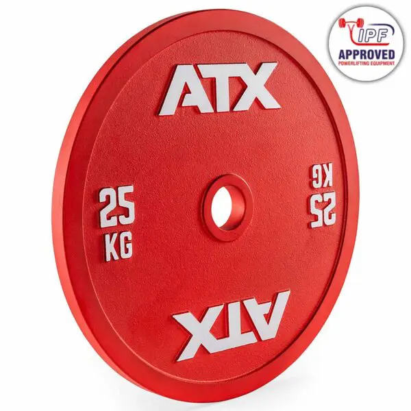 The ATX® Olympic 25kg Calibrated Steel Plate in red, featuring white 25 KG lettering and the IPF approval logo for powerlifting equipment, is showcased.