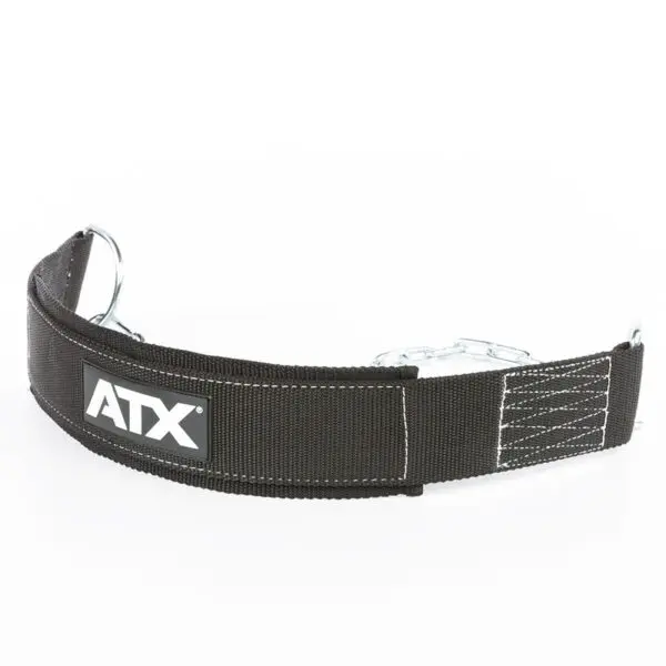 A black ATX® Nylon Dip Belt with stitching details and a metal buckle sits against a white background, its design reminiscent of a durable weightlifting accessory. The ATX logo is prominently displayed on the front.