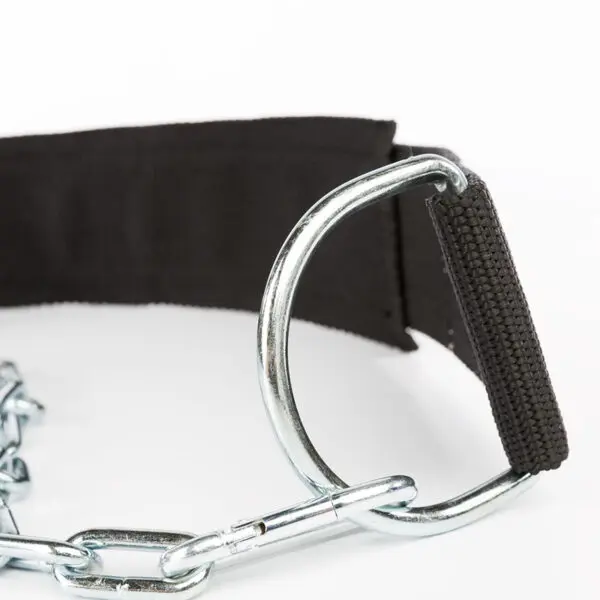 Close-up of an ATX® Nylon Dip Belt featuring a metal chain harness with a black fabric strap. The shiny metal ring links the chain and securely attaches to the stitched strap, set against a neutral white background.