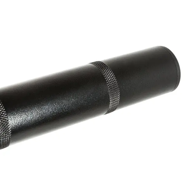 Close-up of the ATX® Dip Station's black metal cylindrical handle with a textured grip section, reminiscent of workout machine handles. The shiny surface highlights the intricate texture against its smooth finish.