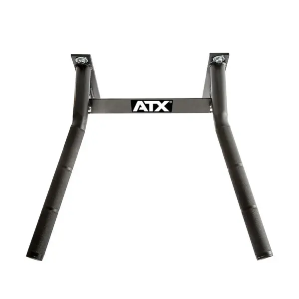 The ATX® Wall Mounted Dip Bars feature a sturdy metal frame with two padded grips, making it perfect for mounting on walls or ceilings. Designed for upper body workouts, it is ideal for those seeking versatile exercise options to strengthen their physique.
