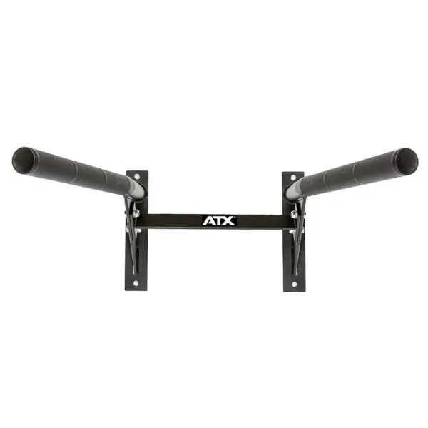 The ATX® Wall Mounted Dip Bars feature two parallel grips enhanced with black padded material and showcase the iconic ATX logo in the center. Their sturdy design includes metal brackets for easy wall installation, making them a perfect addition to any dip station wall mount setup.