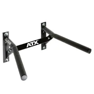 The ATX® Wall Mounted Dip Bars serve as both a chin-up bar and a dip station with comfortable padded grips. It includes two robust black metal plates, each fastened securely with four bolts, showcasing the signature ATX logo on the central support bar.