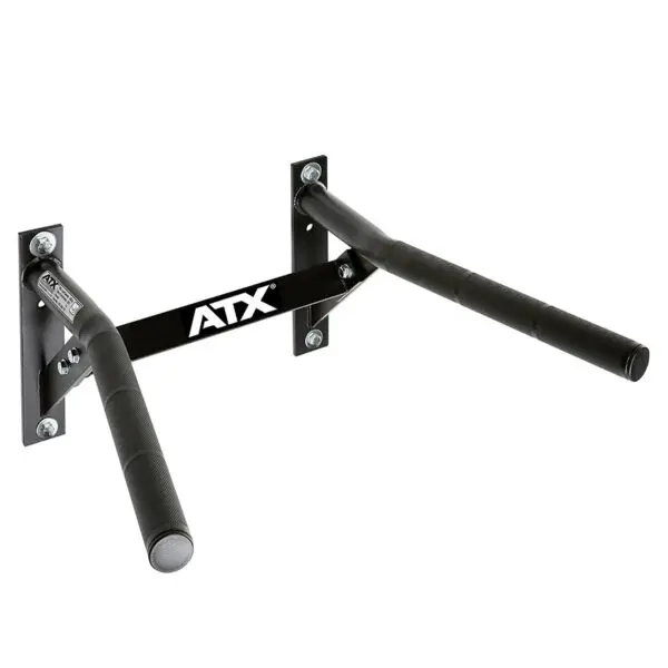 The ATX® Wall Mounted Dip Bars serve as both a chin-up bar and a dip station with comfortable padded grips. It includes two robust black metal plates, each fastened securely with four bolts, showcasing the signature ATX logo on the central support bar.
