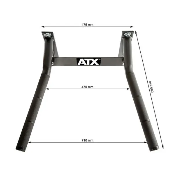 Image of the ATX® Wall Mounted Dip Bars, featuring dimensions of 475 mm in width at the top, 470 mm across the horizontal bar, and 710 mm at the base. The entire setup stands at a height of 600 mm and includes dip bars with black grips on both sides for versatile workout options.