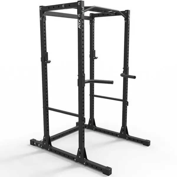 The ATX® 600 Dip Handles, ideal for weightlifting and strength training, are shown on a black power rack with adjustable bars and pegs, a pull-up bar, and dip handles against a white background.