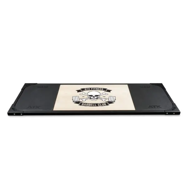 The ATX® Deadlift Platform Barbell Club is a dual-function weightlifting platform. It features the ATX Fitness Barbell Club logo on its wooden center and is bordered by black rubber sections for improved support and stability.