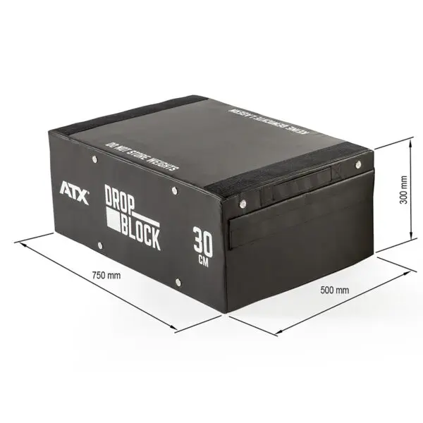 A black ATX® 30 cm Soft Drop Block measuring 750mm x 500mm x 300mm features ATX, DROP BLOCK, and 30 CM printed on the side.