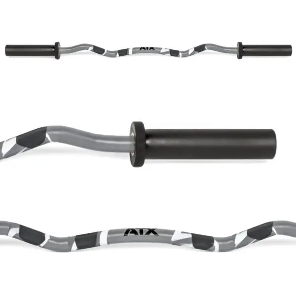 Close-up of the silver and black ATX® EZ Bar Curl Camo, known for its perfect curls. The wavy design is showcased from multiple angles, emphasizing the textured grip, black weight plate sleeves, and a centered logo. Note: This product is discontinued.