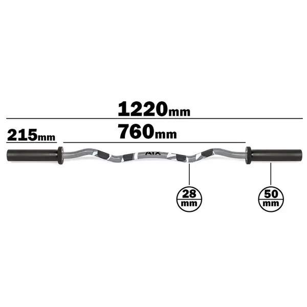 The ATX® EZ Bar Curl Camo, ideal for your curl routine, features precise measurements: 1220mm total length, 760mm grip length, and a 215mm sleeve. It has a grip diameter of 28mm and a sleeve diameter of 50mm but is discontinued.