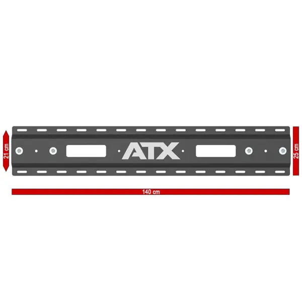 A black metal bracket with ATX® in the center, featuring multiple slots and mounting holes. The dimensions are width 140 cm and height 21 cm. Product: ATX® Fold Back Rack Mount Rails.