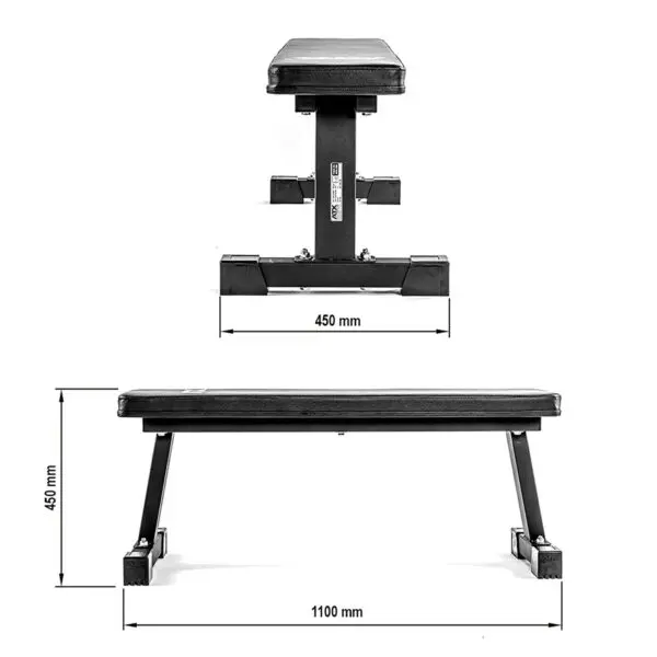 The ATX® Flat Bench Compact is depicted from two angles: top view shows a 450 mm width; side view reveals a height of 450 mm and length of 1100 mm. It features a cushioned seat and sturdy metal frame, ideal for workouts.