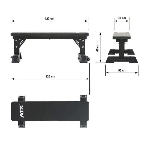 An image of the ATX® Flat Bench in black shows its sturdy design with dimensions: 122 cm length, 30 cm width, and 45 cm height. It features stable legs with a total length of 126 cm and a base width of 55 cm. Includes top-down and side views for clarity.