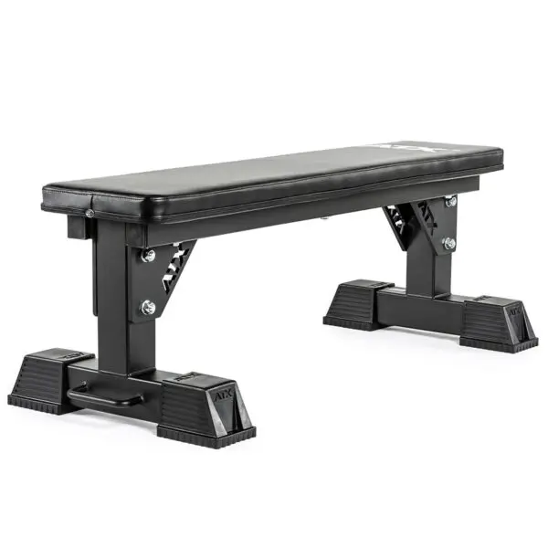 The ATX® Flat Bench is a black, heavy-duty weight lifting bench featuring a cushioned surface, sturdy metal legs, and wide stable feet.