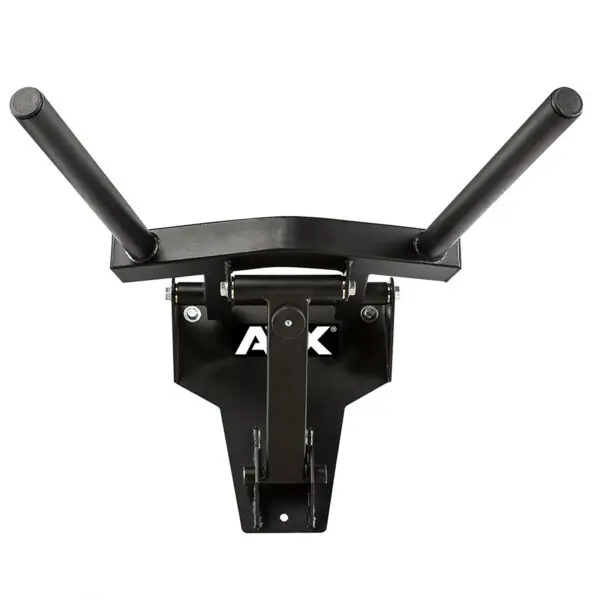 The ATX® Folding Wall Mounted Dip Handles include black padded handles and a sturdy metal frame with a visible logo.